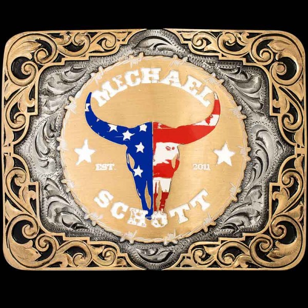 "Our Trenton Belt Buckle is the perfect addition to any attire. Crafted on a German Silver base with Jeweler's Bronze western-inspired scrollwork and figure, it is completed with our signature antique finish for a dark rustic look. This buckle has pl